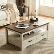 LINSY HOME Coffee Table with Storage Drawers, Wooden Farmhouse TV Stand Center Table for Living Room, Oak White