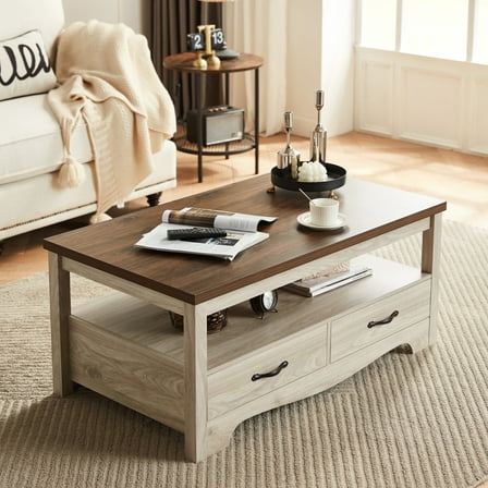 LINSY HOME Coffee Table with Storage Drawers, Wooden Farmhouse TV Stand Center Table for Living Room, Oak White