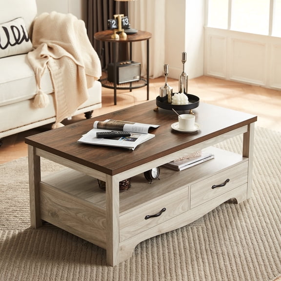 LINSY HOME Coffee Table with Storage Drawers, Wooden Farmhouse TV Stand Center Table for Living Room, Oak White
