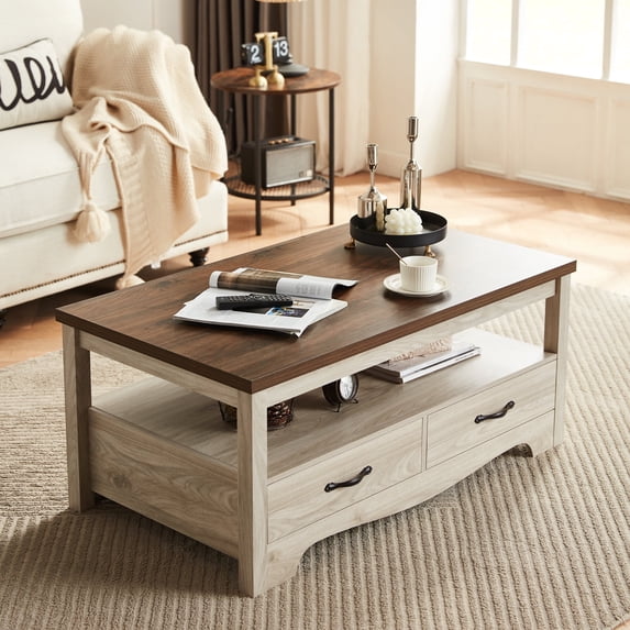 LINSY HOME Coffee Table with Storage Drawers, Wooden Farmhouse TV Stand Center Table for Living Room, Oak White