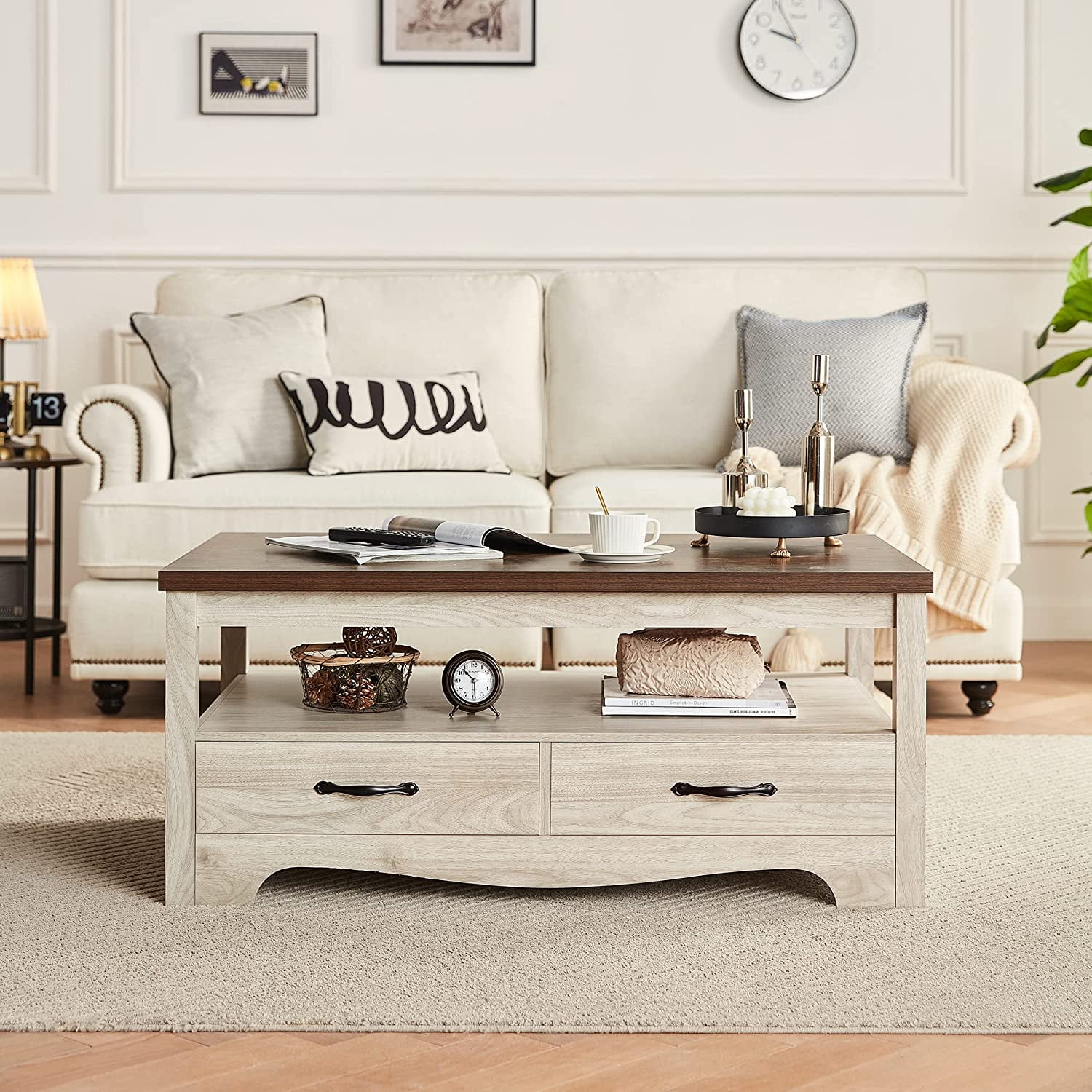 LINSY HOME Coffee Table with Storage Drawers Wooden Farmhouse TV Stand Center Table for Living Room Oak White
