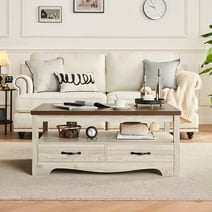 LINSY HOME Coffee Table with Storage Drawers, Wooden Farmhouse TV Stand Center Table for Living Room, Oak White