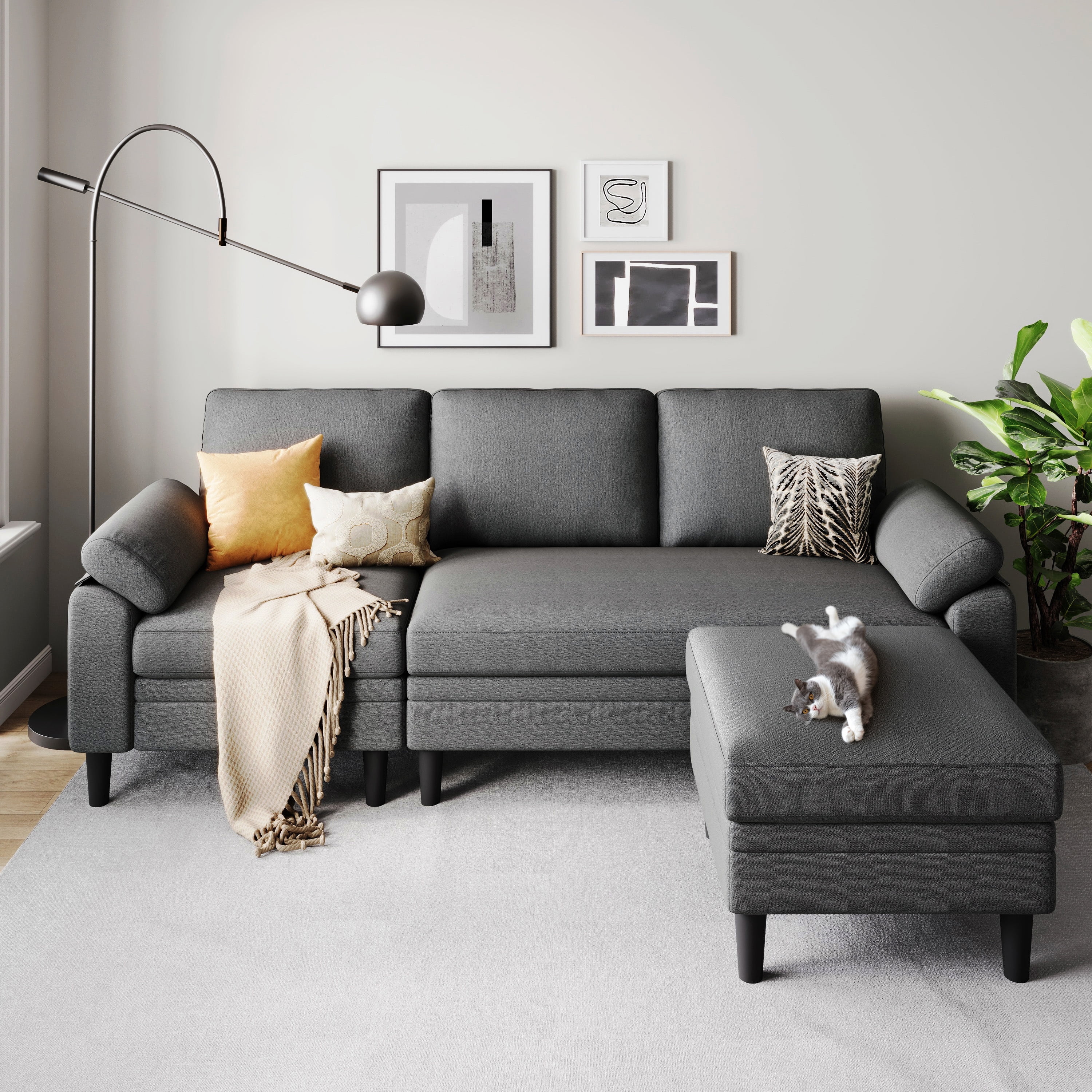 LINSY HOME 82 Reversible Sectional Sofa Couch 3 Seater L Shaped Sofa with Movable Ottoman for Living Room Dark Gray