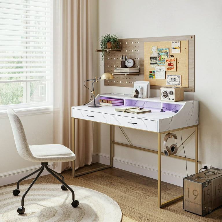 Small White Computer Desk with Drawers for Bedroom Home Office, 40 Inch  Vanity Desk with Storage
