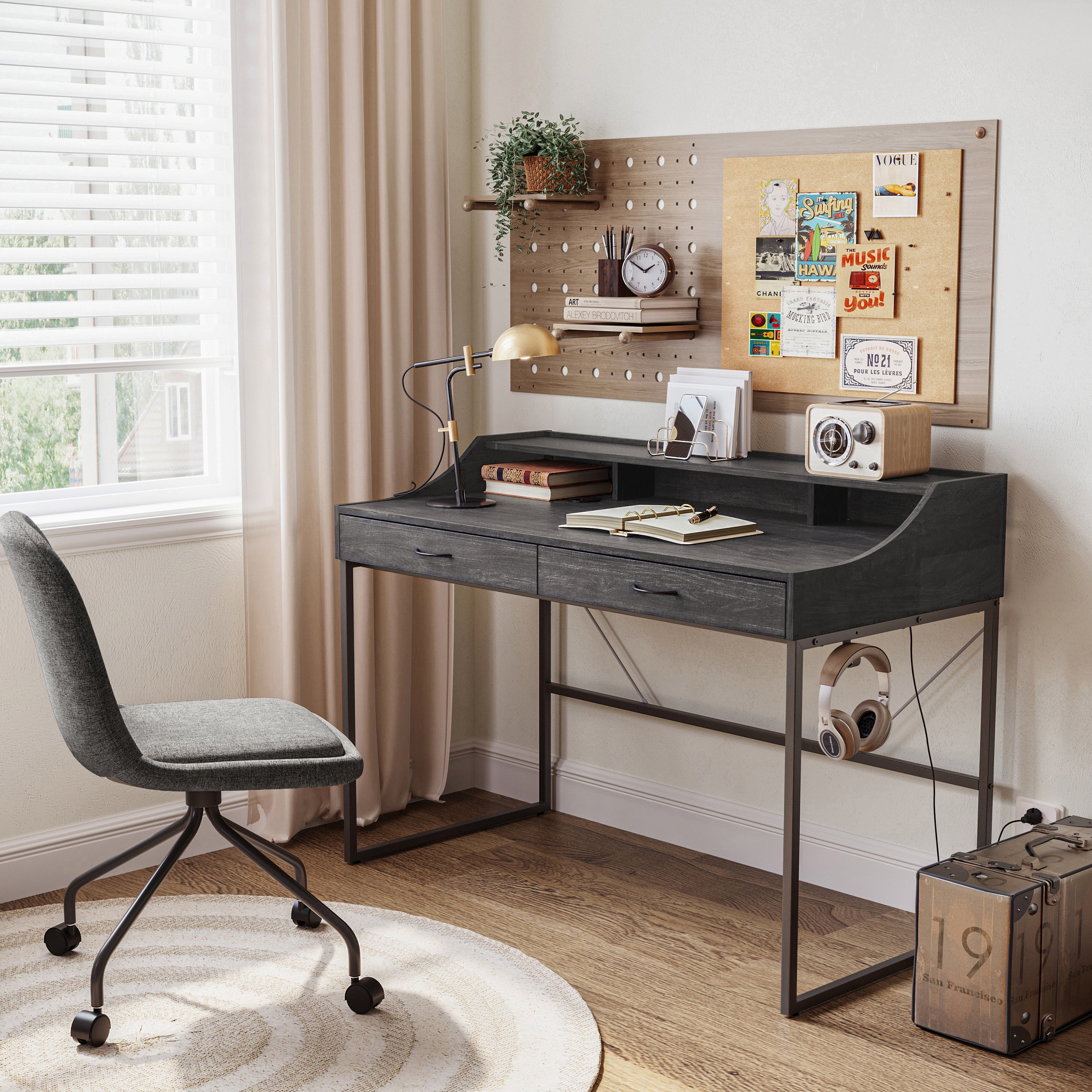 LINSY HOME Computer Desk with Drawers, 47inch Writing Desk Study Table with Monitor Stand Riser