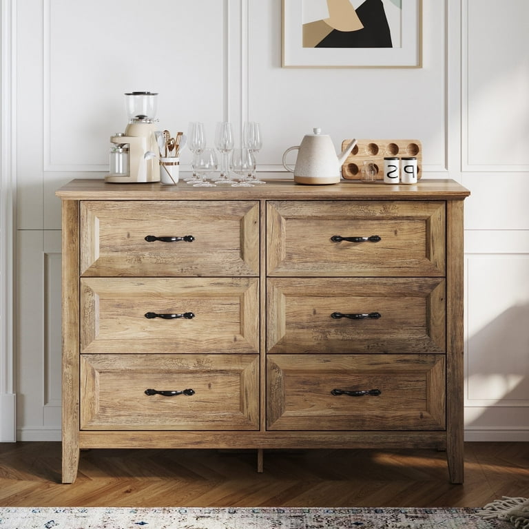 LINSY HOME Dresser for Bedroom Long Dresser with 6 Drawers and Antique Handles Chest of Drawers for Living Room Entryway and Hallway Brown