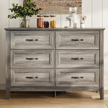 LINSY HOME Dresser for Bedroom, Long Dresser with 6 Drawers and Antique Handles, Chest of Drawers for Living Room, Entryway and Hallway, Gray