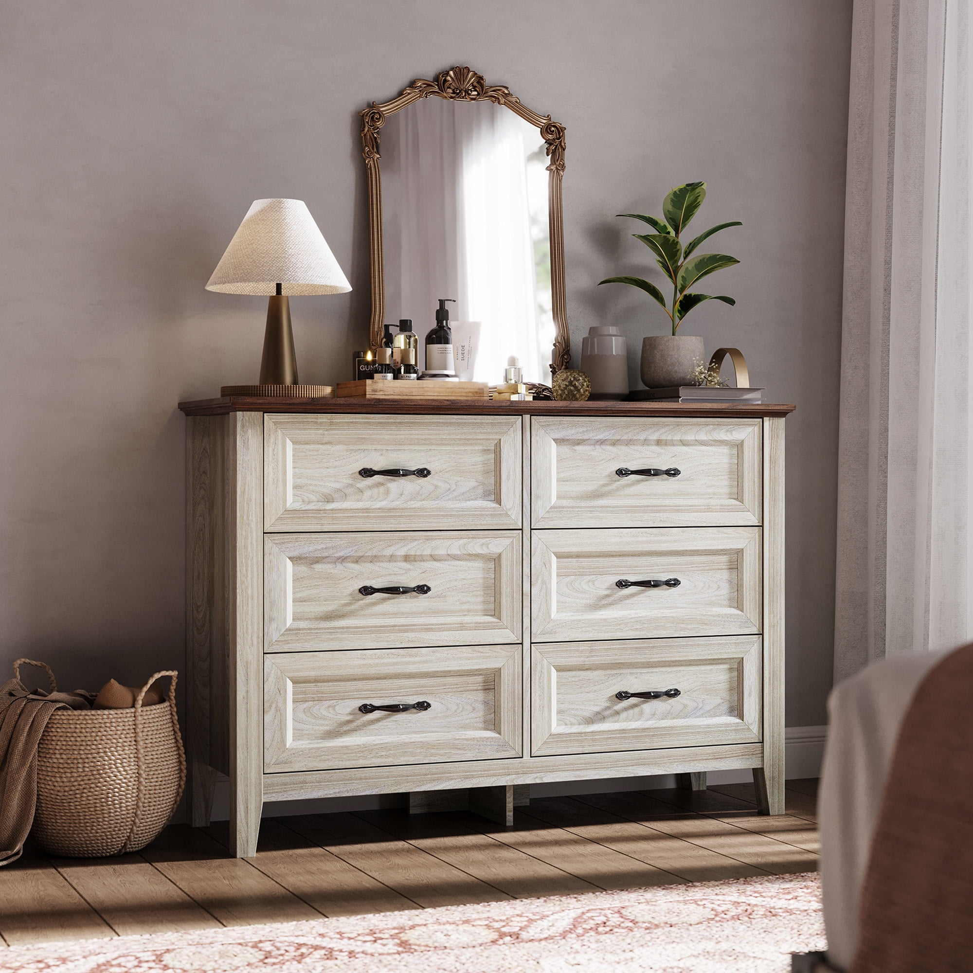 LINSY HOME Dresser for Bedroom Long Dresser with 6 Drawers and Antique Handles Chest of Drawers for Living Room Entryway and Hallway Rustic Oak