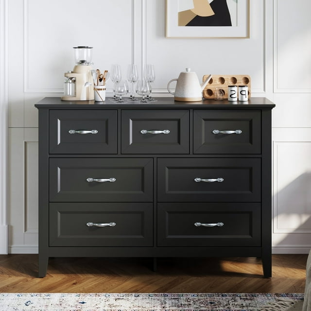 LINSY HOME Dresser for Bedroom, Long Dresser with 7 Drawers and Antique Handles, Chest of Drawers for Living Room, Entryway and Hallway, Black