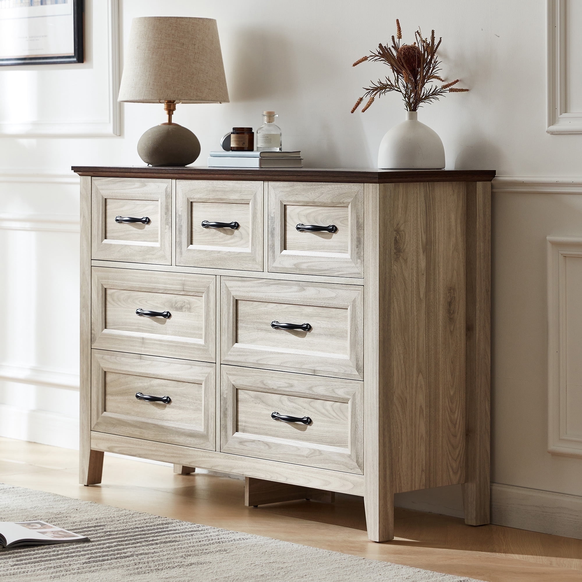LINSY HOME Dresser for Bedroom, Long Dresser with 7 Drawers and Antique Handles, Chest of Drawers for Living Room, Entryway and Hallway, Rustic Oak