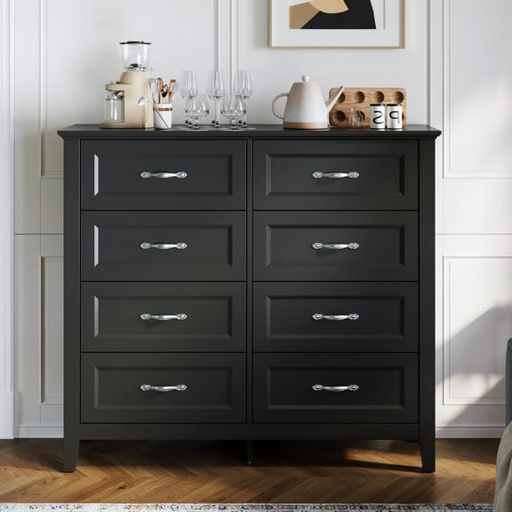 LINSY HOME Dresser for Bedroom, Long Dresser with 8 Drawers and Antique Handles, Chest of Drawers for Living Room, Entryway and Hallway, Black