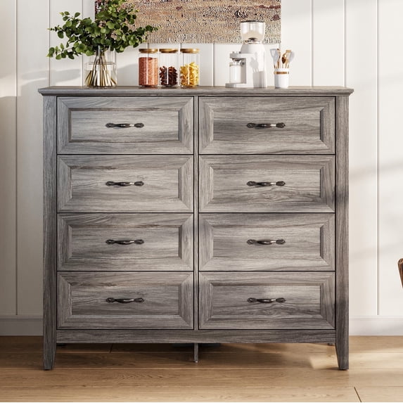 LINSY HOME Dresser for Bedroom, Long Dresser with 8 Drawers and Antique Handles, Chest of Drawers for Living Room, Entryway and Hallway, Gray