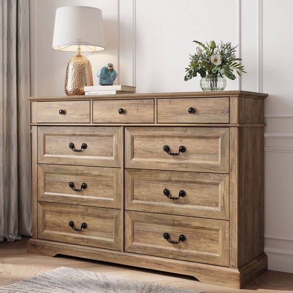 LINSY HOME Dresser for Bedroom, Long Dresser with 9 Drawers and Antique Handles, Chest of Drawers for Living Room, Entryway and Hallway, Brown