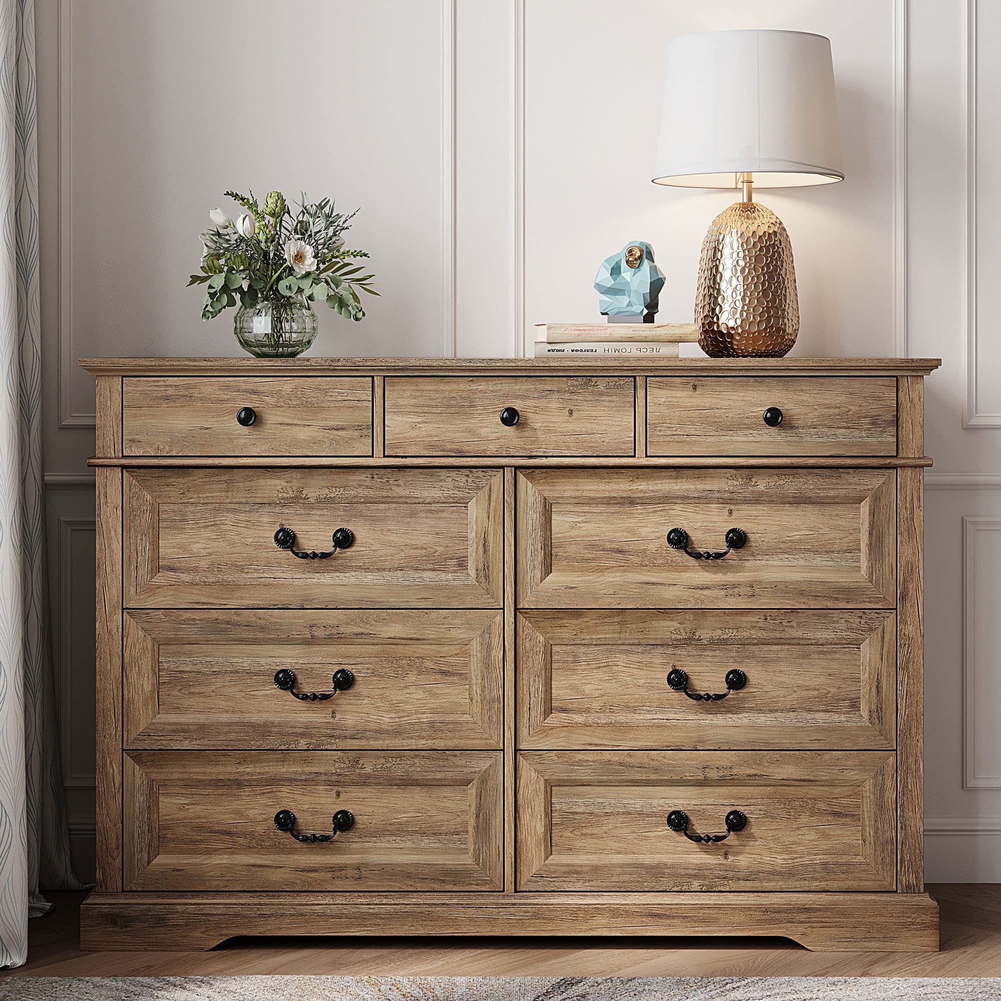 LINSY HOME Dresser for Bedroom Long Dresser with 9 Drawers and Antique Handles Chest of Drawers for Living Room Entryway and Hallway Brown Walmart