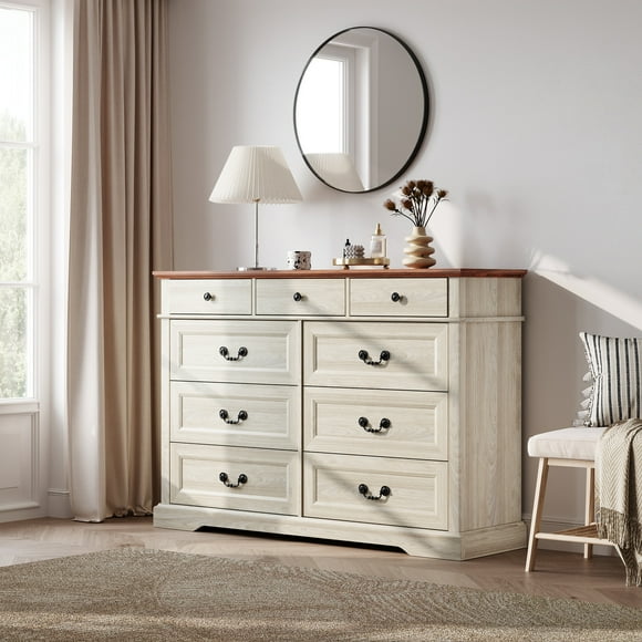 LINSY HOME Dresser for Bedroom, Long Dresser with 9 Drawers and Antique Handles, Chest of Drawers for Living Room, Entryway and Hallway, Oak White