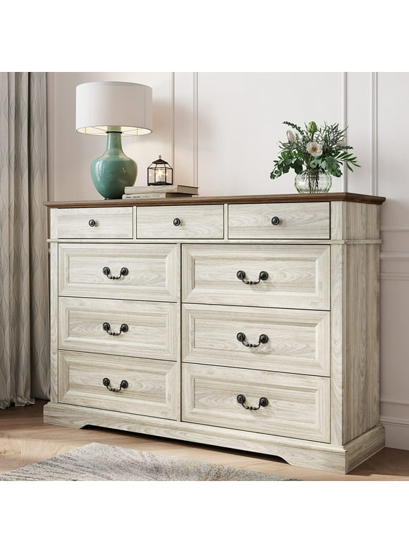 LINSY HOME Dresser for Bedroom, Long Dresser with 9 Drawers and Antique Handles, Chest of Drawers for Living Room, Entryway and Hallway, Oak White