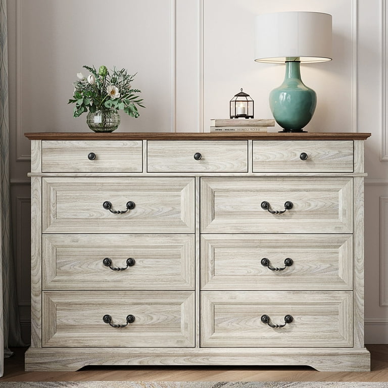 LINSY HOME Dresser for Bedroom Long Dresser with 9 Drawers and Antique Handles Chest of Drawers for Living Room Entryway and Hallway Rustic Oak