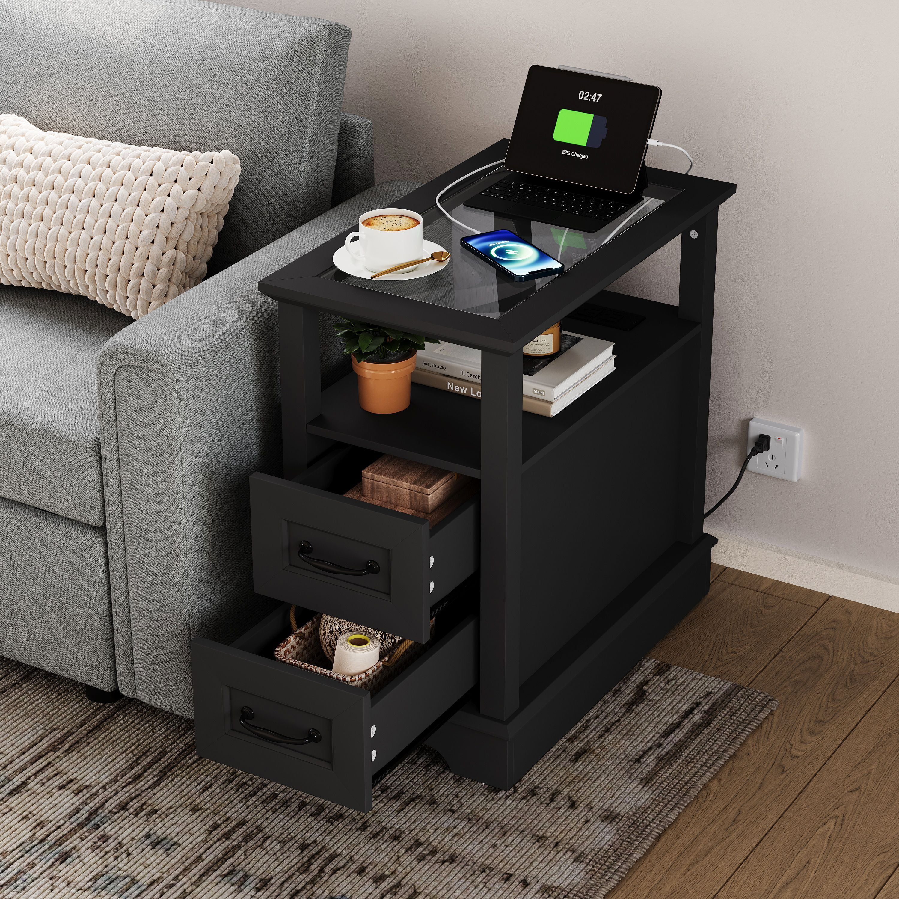 Nightstand Chairside End Table With Cup Holder Vintage End Table