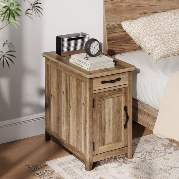 LINSY HOME End Table with Charging Station, Side Table for Bedroom with Drawer and Detachable Holder, Multiple Storage Space, Extra Storage & Display Space, Small Nightstand for Living Room,brown