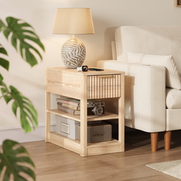 LINSY HOME End Table for Living Room, Fluted Wave Panel Side Table with Charging Station, Drawer, Cup Holder and Adjustable Storage Shelves,Oak