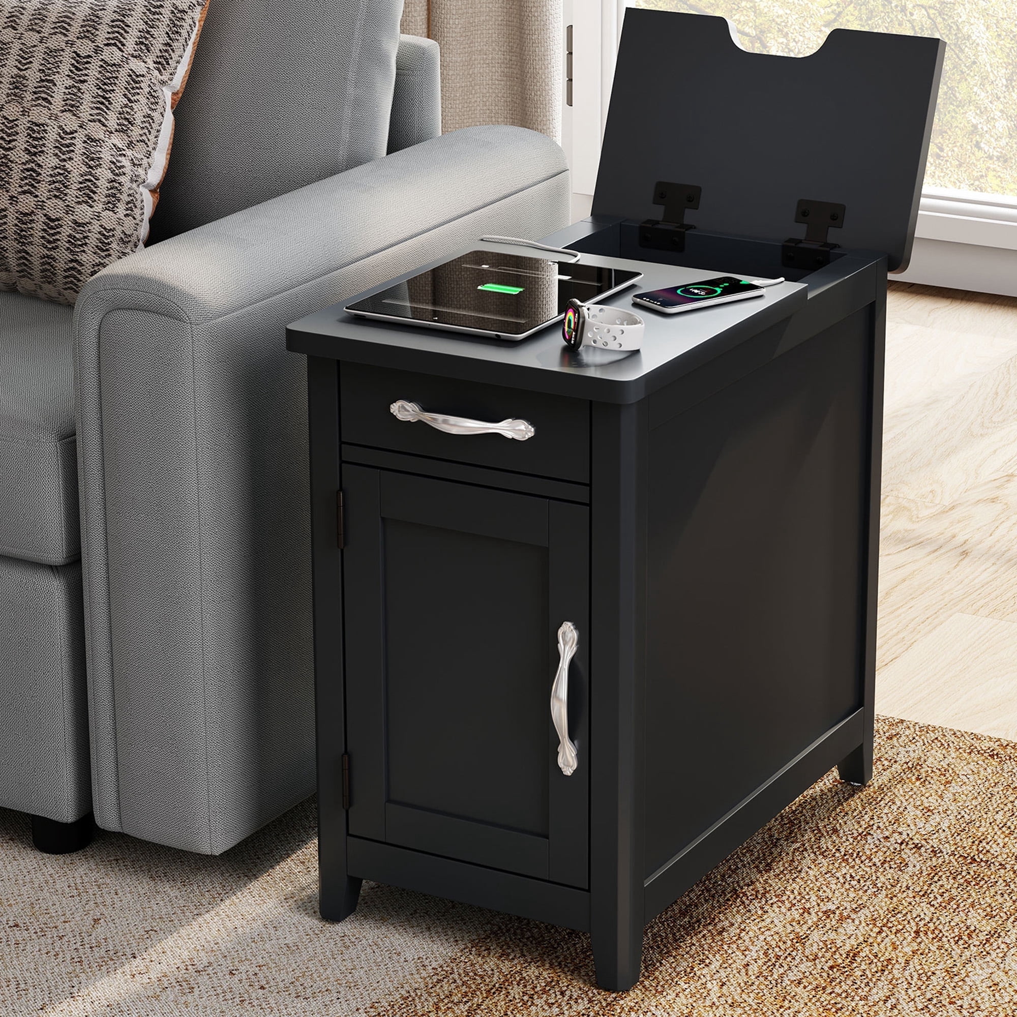 LINSY HOME End Tables for Living Room with Charging Station, Nightstand for Bedroom with Drawer and Detachable Holder,Black