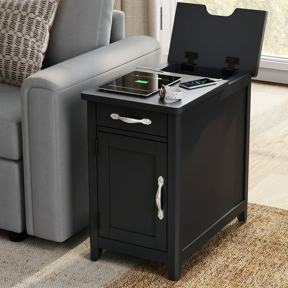 LINSY HOME End Tables for Living Room with Charging Station, Nightstand for Bedroom with Drawer and Detachable Holder,Black