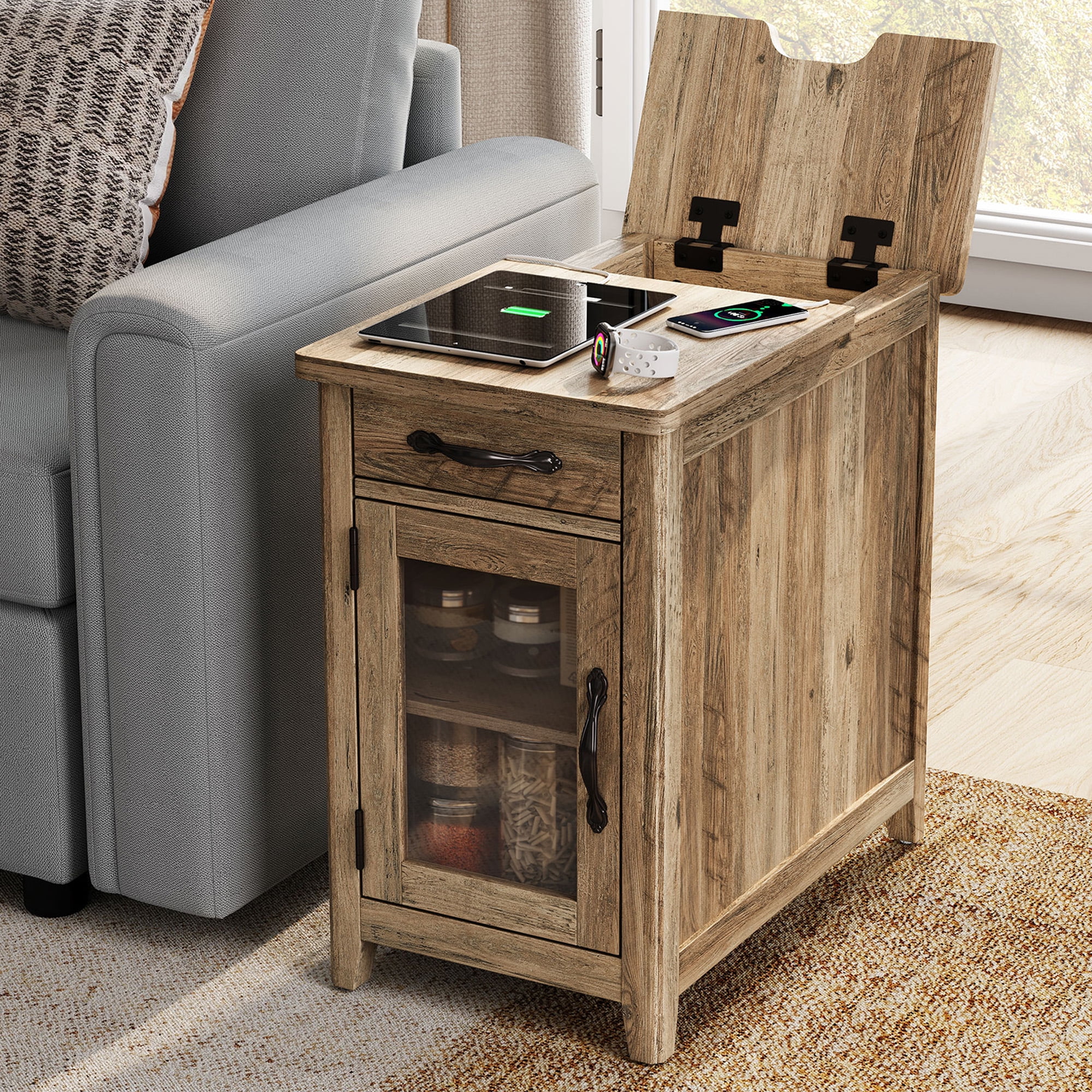 LINSY HOME End Tables for Living Room with Charging Station Nightstand for Bedroom with Drawer and Detachable Holder Brown Walmart