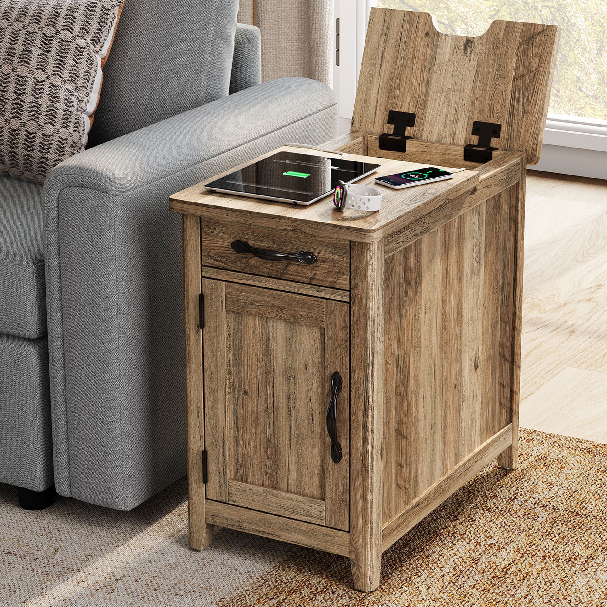 Farmhouse Brown Wood End Table with Charging Station and Drawer