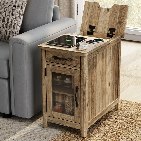 LINSY HOME End Tables for Living Room with Charging Station, Nightstand for Bedroom with Drawer and Detachable Holder,Brown