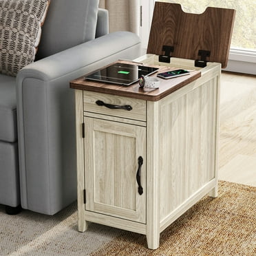 LINSY HOME End Tables for Living Room with Charging Station, Nightstand for Bedroom with Drawer and Detachable Holder,Washed Grey & Brown