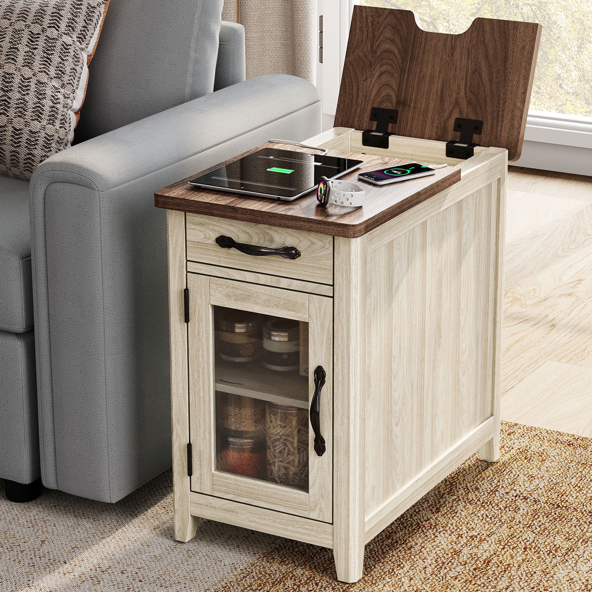 LINSY HOME End Tables for Living Room with Charging Station, Nightstand for Bedroom with Drawer and Detachable Holder,Washed Grey & Brown
