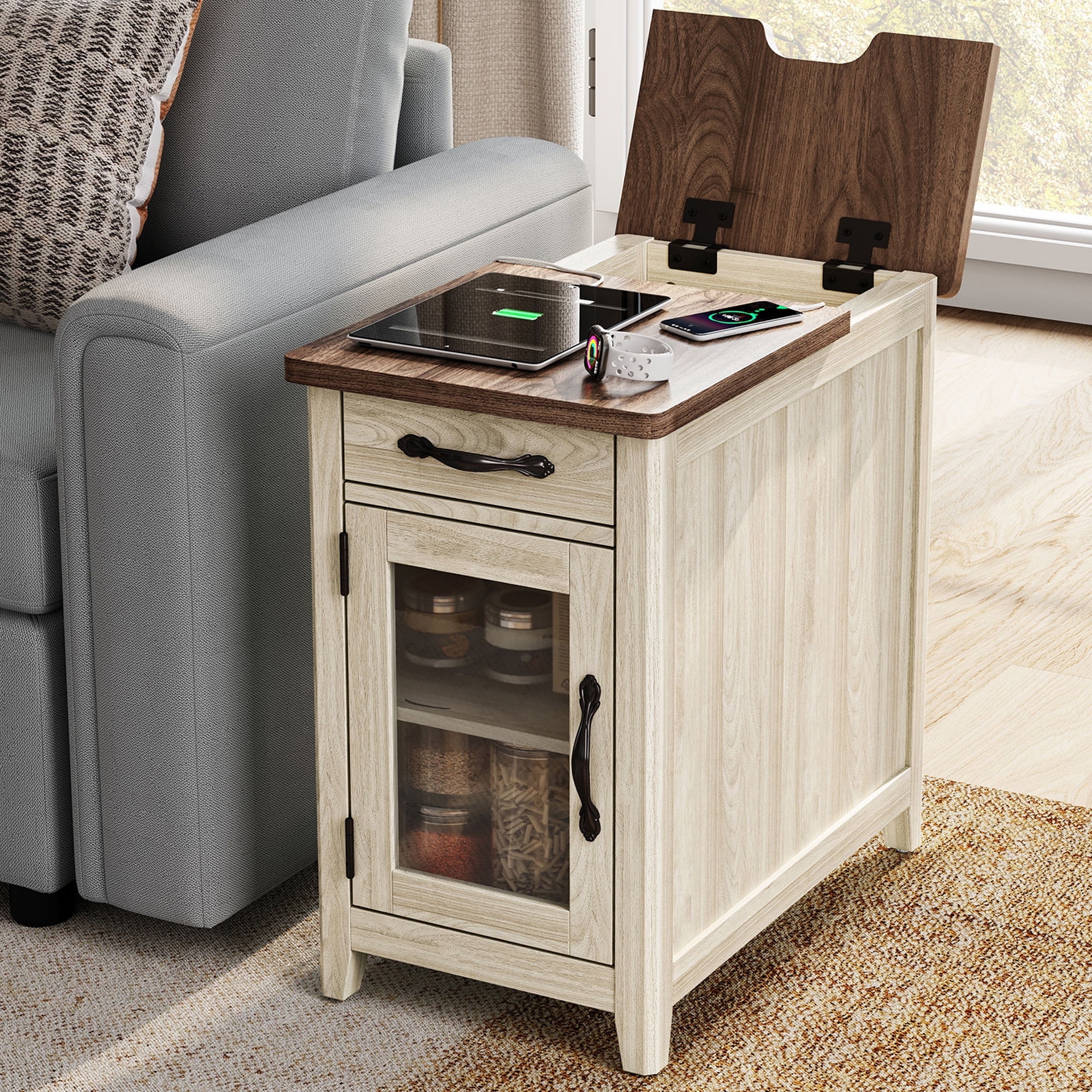LINSY HOME End Table with Charging Station, USB Ports, Drawer
