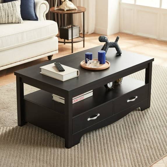 LINSY HOME Coffee Table with Storage Drawers, Wooden Farmhouse TV Stand Center Table for Living Room, Black
