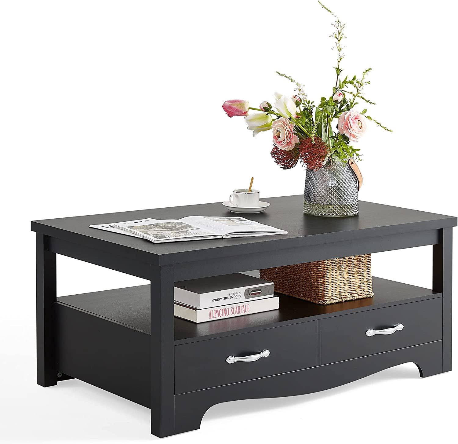 LINSY HOME Rectangular Farmhouse Wood Coffee Table for Living Room with ...