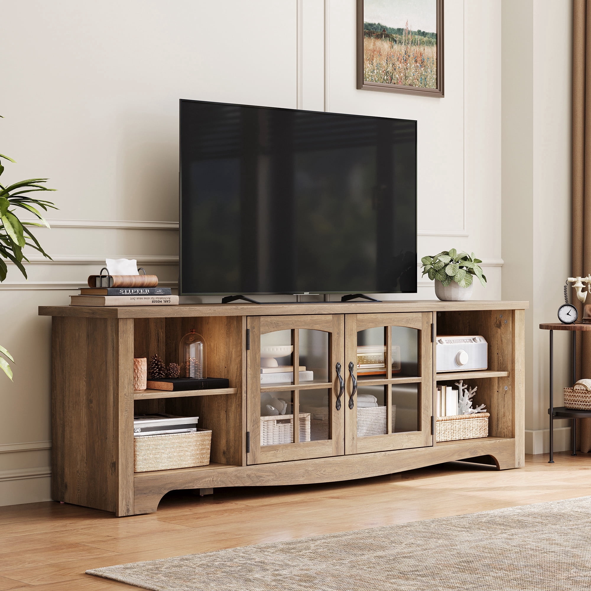LINSY HOME Modern Farmhouse TV Stand for TVs up to 75", Home Entertainment Center with Storage Cabinet and Adjustable Shelves, Brown