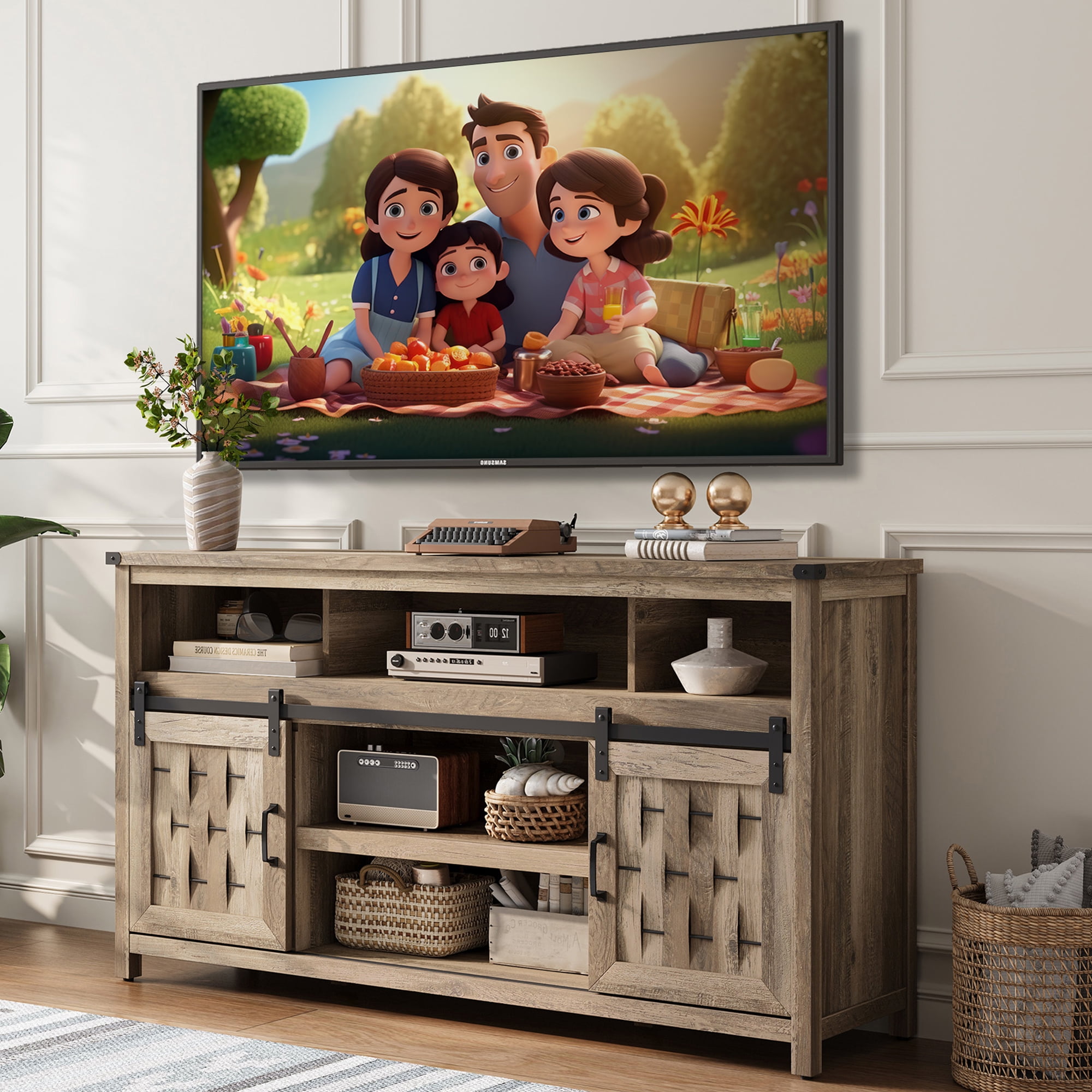 LINSY HOME Farmhouse TV Stand for 65 inch, 32" Tall Entertainment Center with Storage