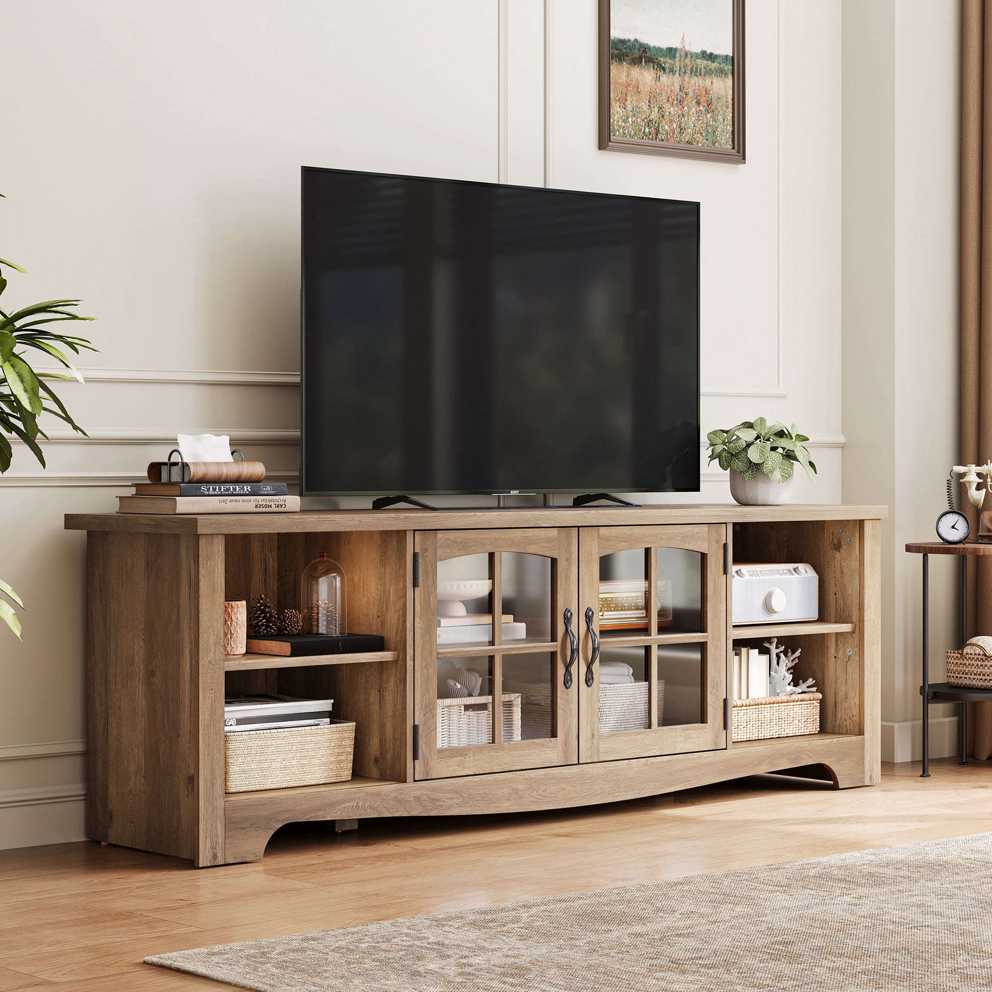 LINSY HOME Modern Farmhouse TV Stand for TVs up to 75", Home Entertainment Center with Storage Cabinet and Adjustable Shelves, Brown - Walmart.com