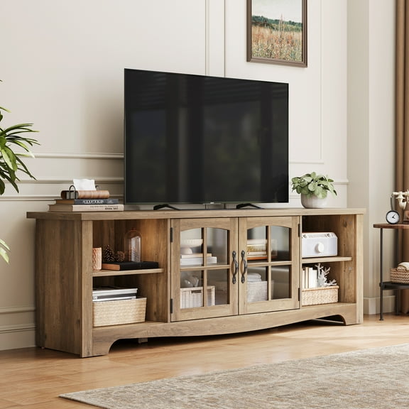 LINSY HOME Modern Farmhouse TV Stand for TVs up to 75", Home Entertainment Center with Storage Cabinet and Adjustable Shelves, Brown