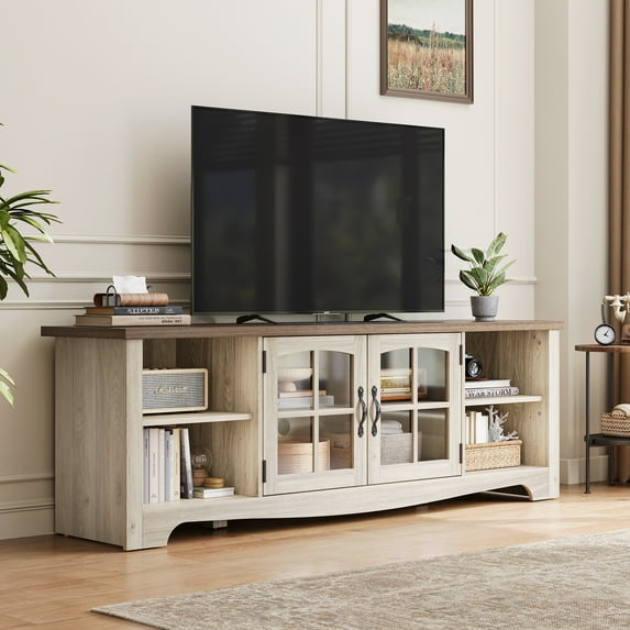 LINSY HOME Modern Farmhouse TV Stand for TVs up to 75", Home Entertainment Center with Storage Cabinet and Adjustable Shelves, Washed Grey & Brown