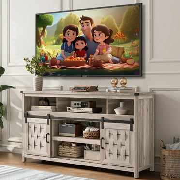 LINSY HOME Farmhouse TV Stand for 65 inch, 32" Tall Entertainment Center with Storage Cabinets and 2 Sliding Barn Doors, Light Gray