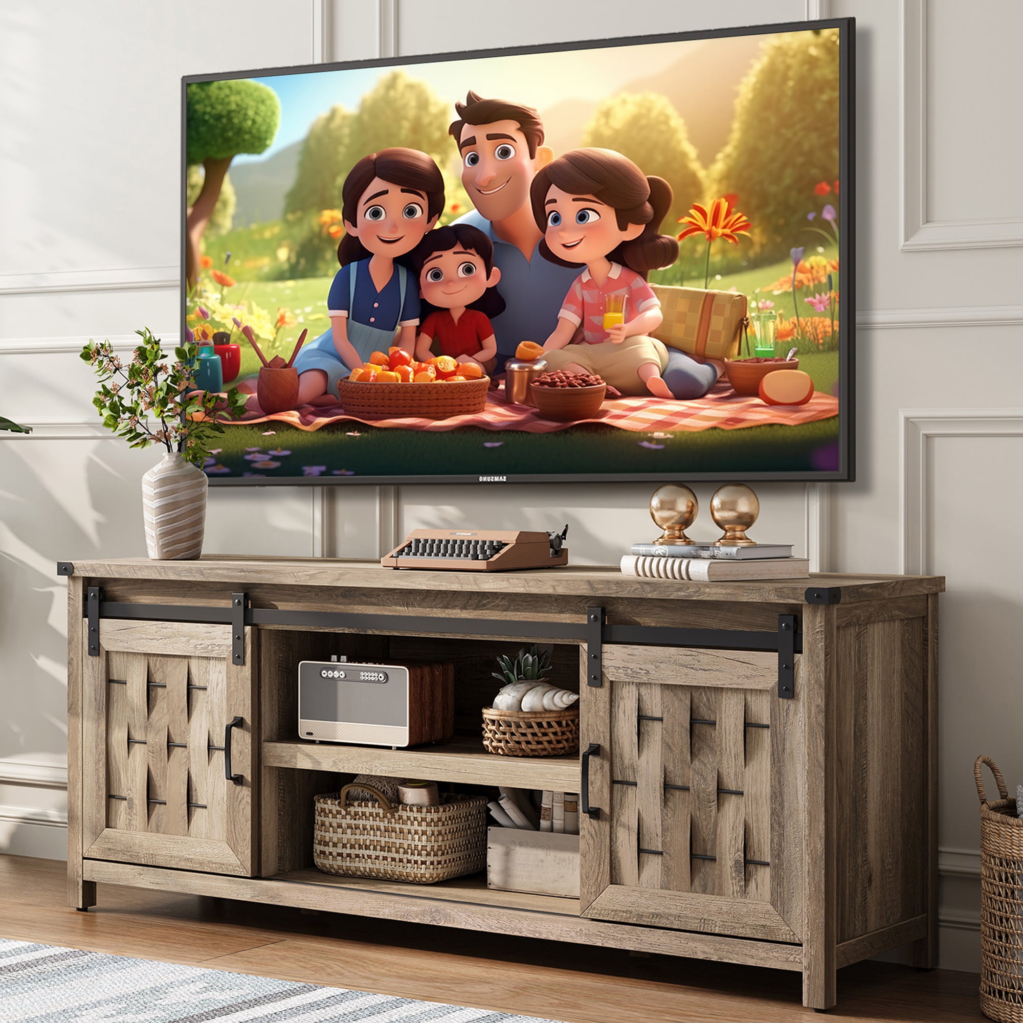 LINSY HOME Farmhouse TV Stand for 65 inch TV, Entertainment Center with Storage and 2