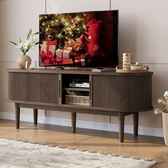 LINSY HOME Fluted TV Stand for TVs up to 65", Mid-Century Home Entertainment Center with Sliding Tambour Door and Adjustable Shelves, Walnut
