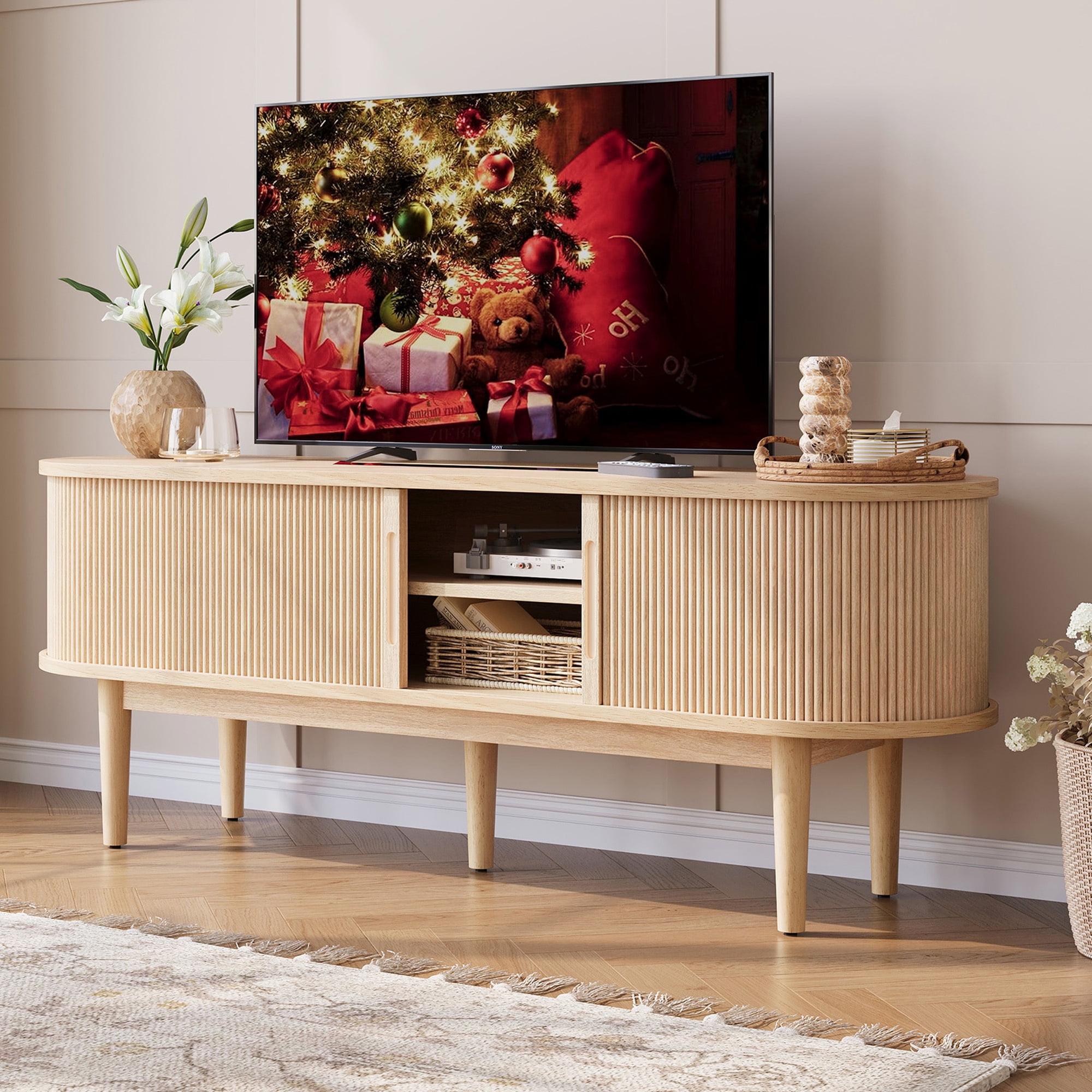 LINSY HOME Fluted TV Stand for TVs up to 65", Mid-Century Home Entertainment Center with Sliding Tambour Door and Adjustable Shelves, Oak
