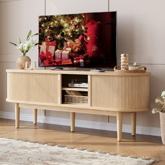 LINSY HOME Fluted TV Stand for TVs up to 65", Mid-Century Home Entertainment Center with Sliding Tambour Door and Adjustable Shelves, Oak