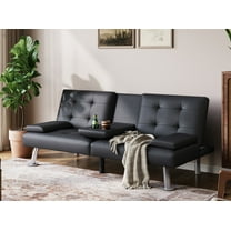 LINSY HOME Faux Leather Upholstered Convertible Futon Sofa Bed for Compact Living Space, Apartment, Dorm, Black