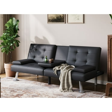 LINSY HOME Faux Leather Upholstered Convertible Futon Sofa Bed for Compact Living Space, Apartment, Dorm, Black