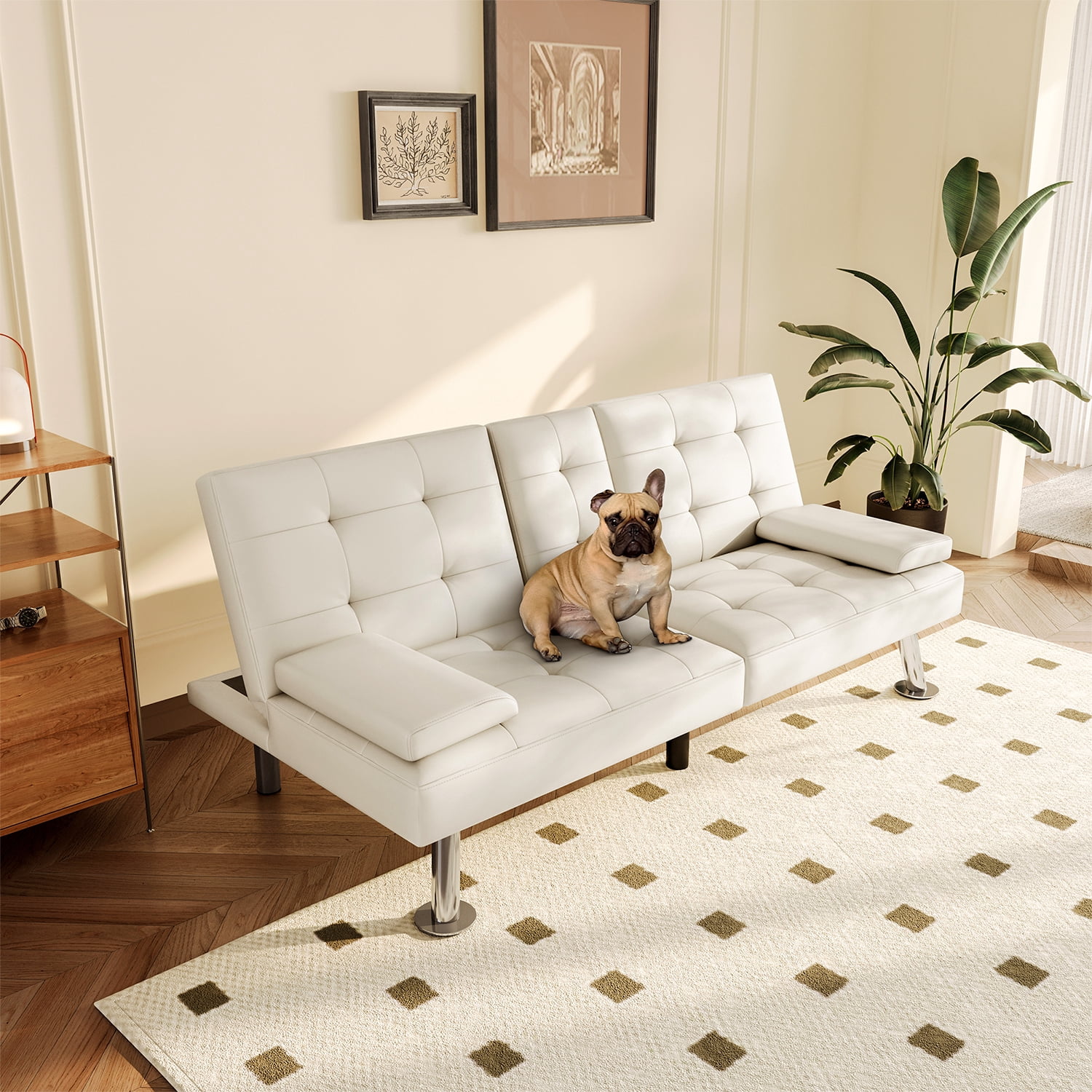 LINSY HOME Faux Leather Upholstered Convertible Futon Sofa Bed for ...