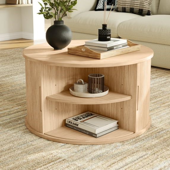 LINSY HOME Fluted Coffee Table Round with Large Storage, Mid-Century Coffee Table for Living Room with Sliding Tambour Door, Oak