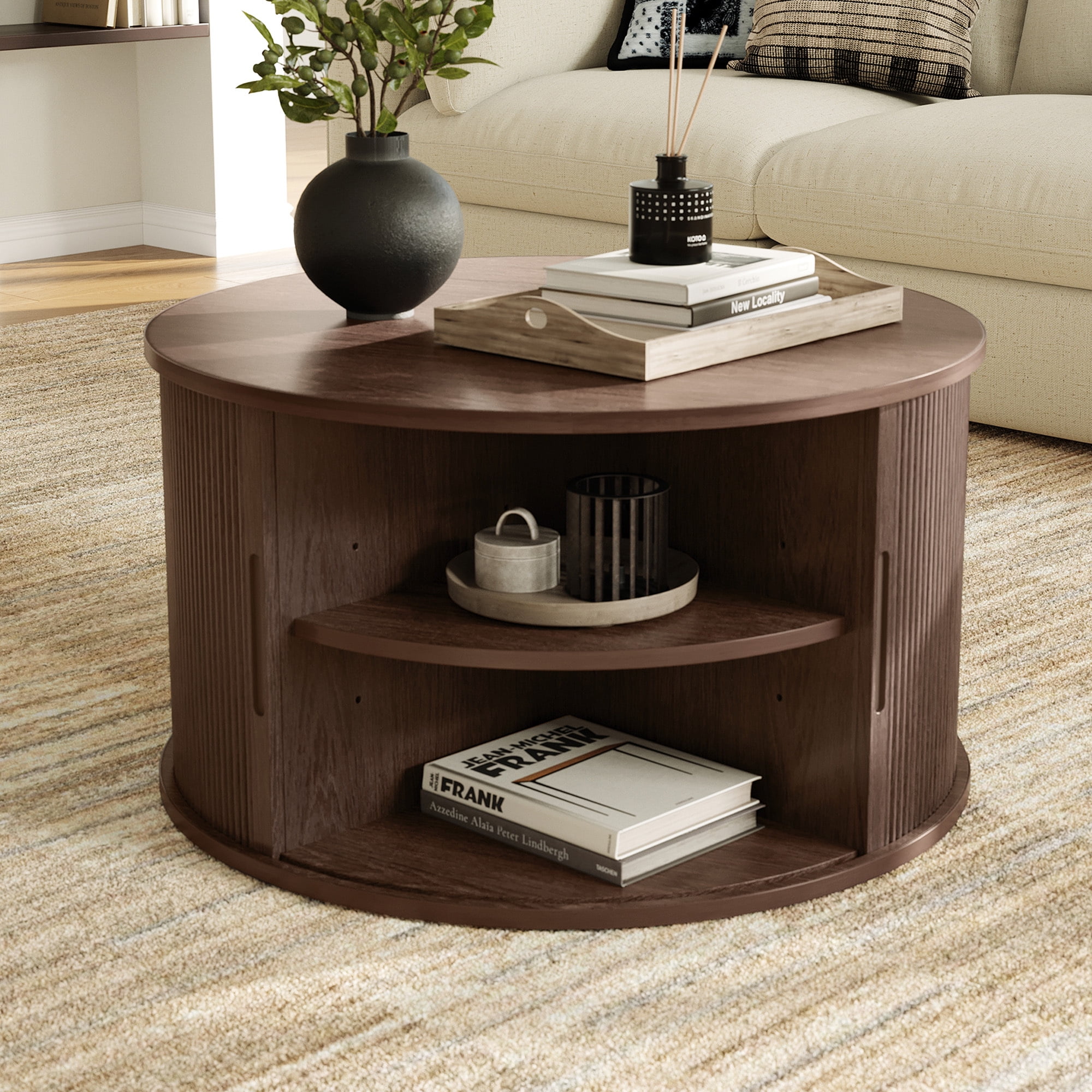 LINSY HOME Fluted Coffee Table Round with Large Storage, Mid-Century Coffee Table for Living Room with Sliding Tambour Door, Walnut