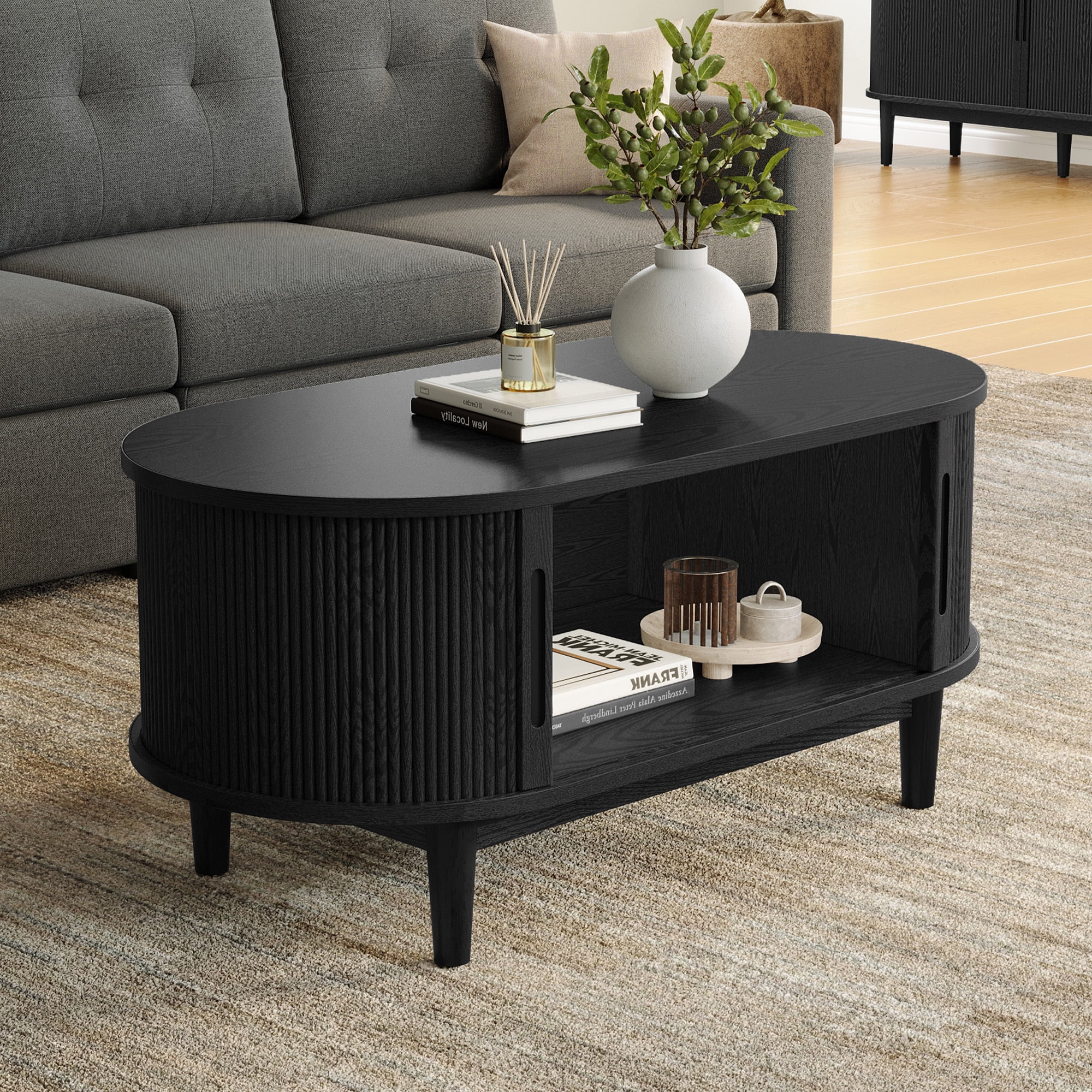 LINSY HOME Fluted Coffee Table with Storage, Mid-Century Coffee Table for Living Room with Sliding Tambour Door, Black